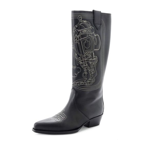 Hermes Shoes - Hermes Women's Folk Knee High Boots Embroidered Leather 35 Black